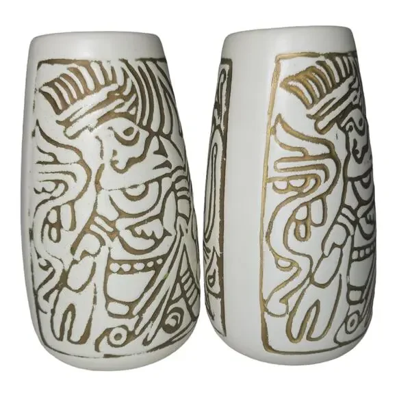 Vintage Mid-Century Mayan Aztec Native Design Vase Pair Cream Gold USA Made - Picture 9 of 16